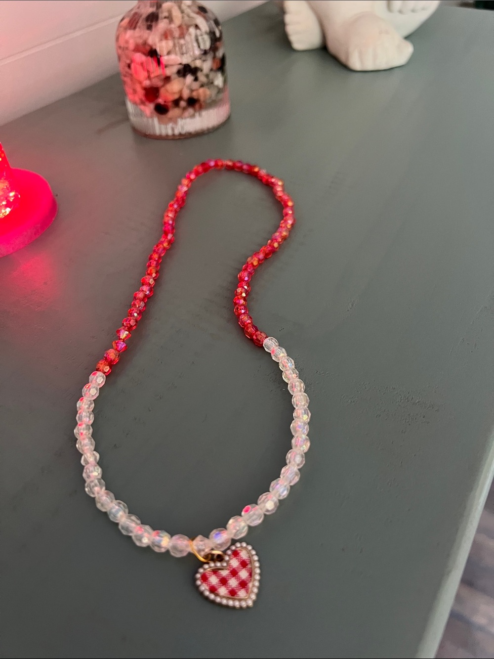 Red & Iridescent Beaded Heart Pendant Necklace handmade